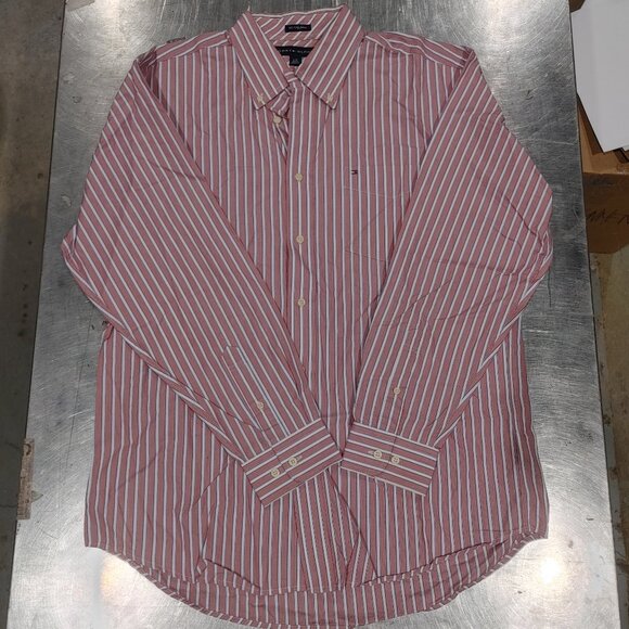 Excellent Condition Tommy Hilfiger Red Striped Button Shirt Size L 80's 2 ply - Picture 1 of 3